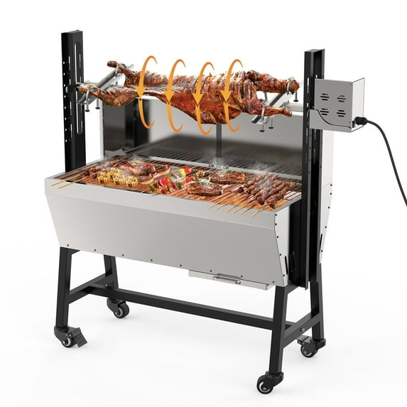 Ecojoy Rotisserie Grill Roaster, 132lbs Charcoal Grill Stainless Pig Lamb Spit Roaster Outdoor BBQ Grill with 25W Motor, Wind Baffle and Hand Crank, Black
