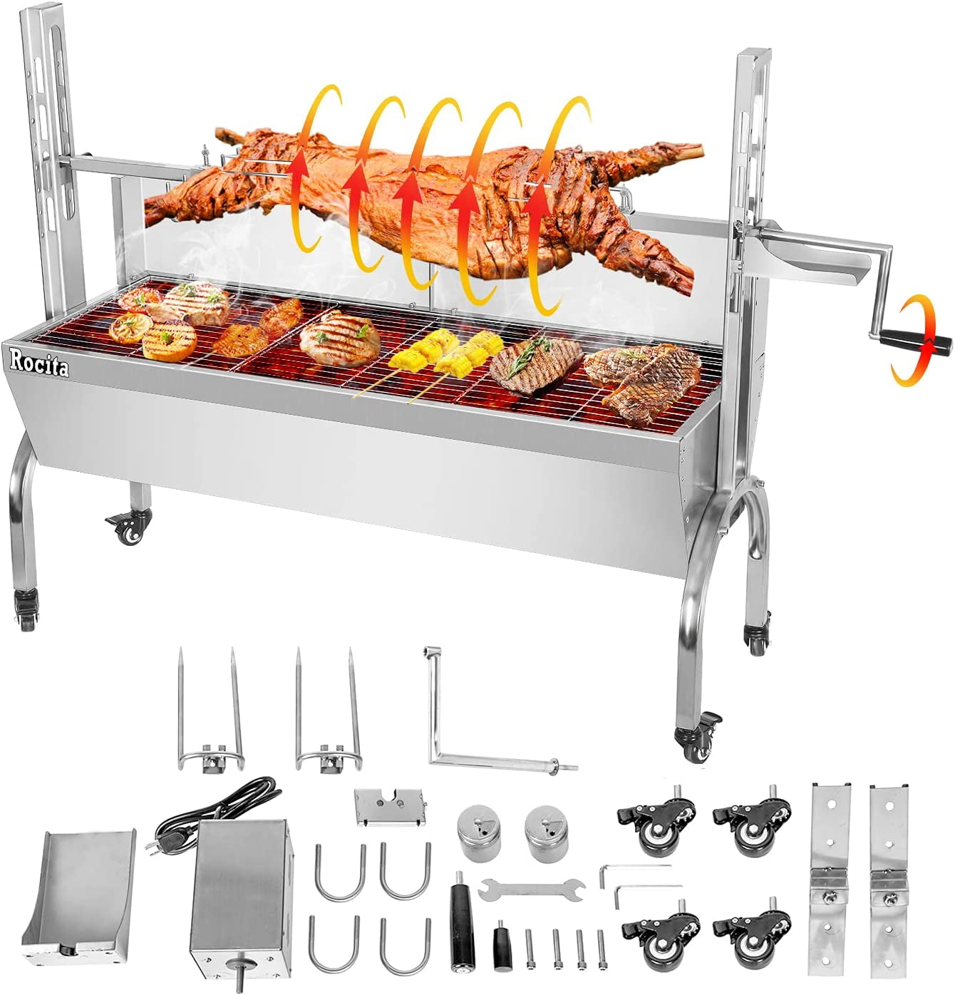 Grill Roaster, 176lbs Charcoal Grill Pig Lamb Spit Roaster Outdoor BBQ Grill with 25W Motor, Wind Baffle and Hand Crank - Walmart.com