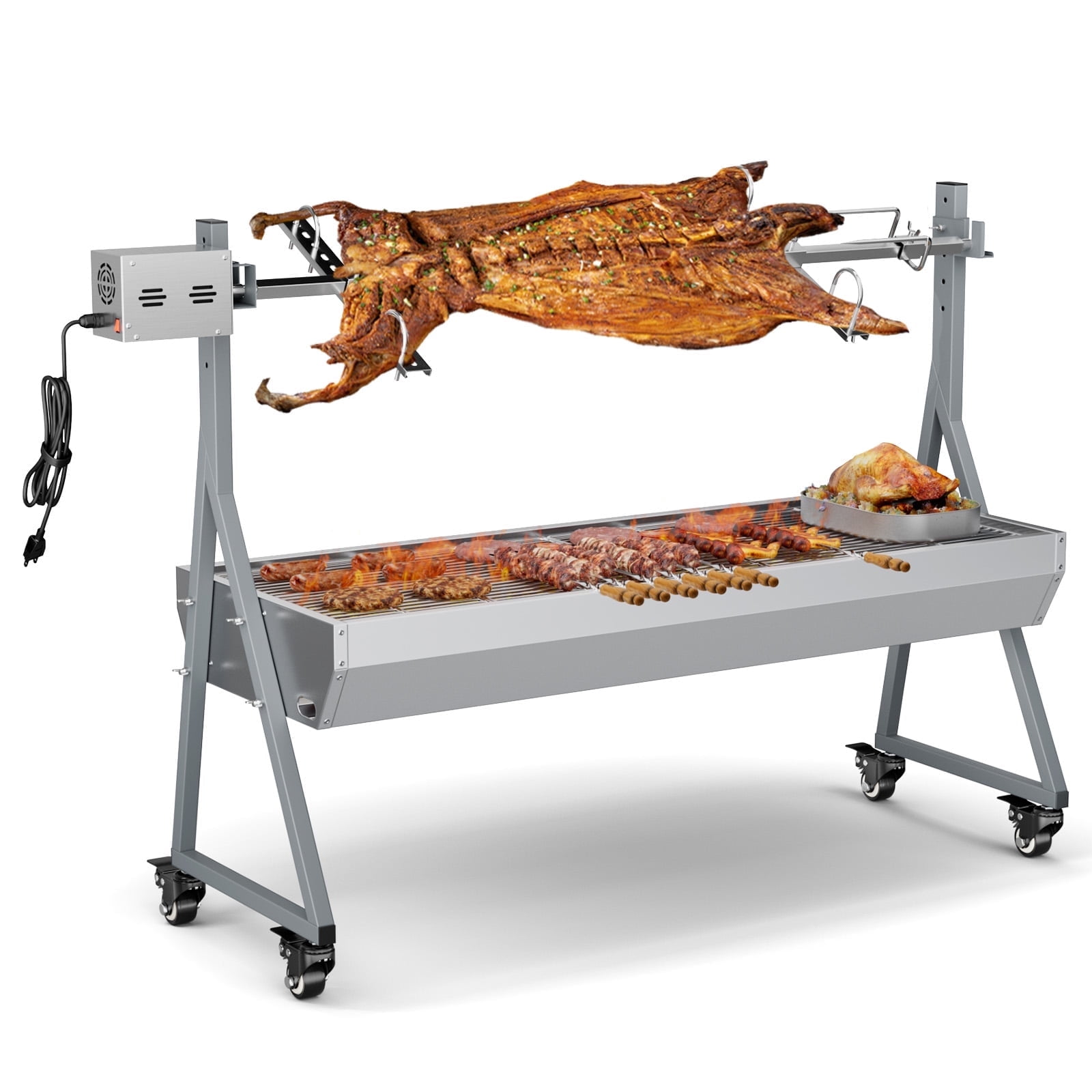 Ecojoy Rotisserie Grill Roaster, 176lbs Charcoal Grill Stainless Pig Lamb Spit Roaster Outdoor BBQ Grill with 25W Motor Hand Crank