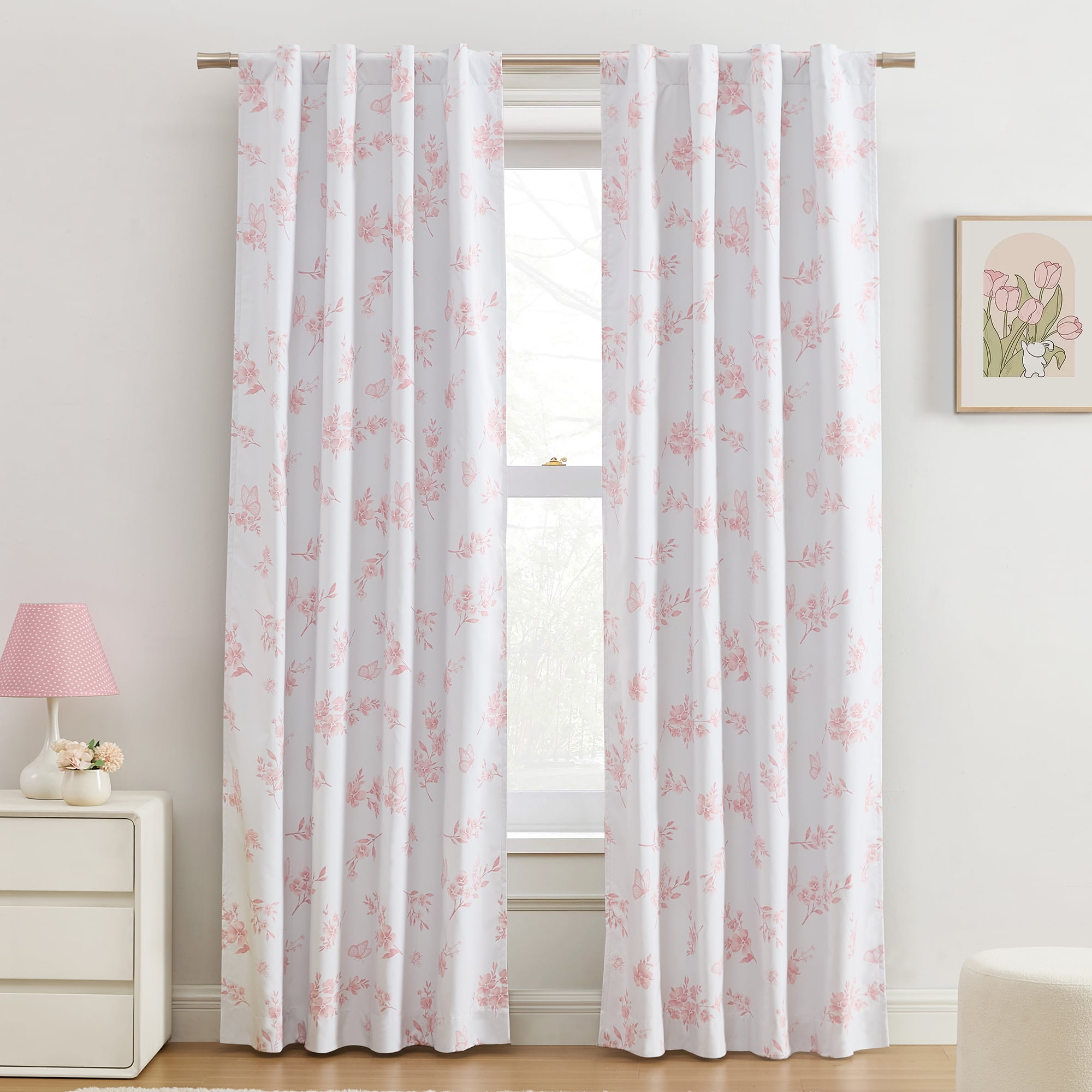 Ecologee Butterfly 100% Blackout Rod Pocket Back Tab Single Curtain Panel, Pink, 40" W x 95" L