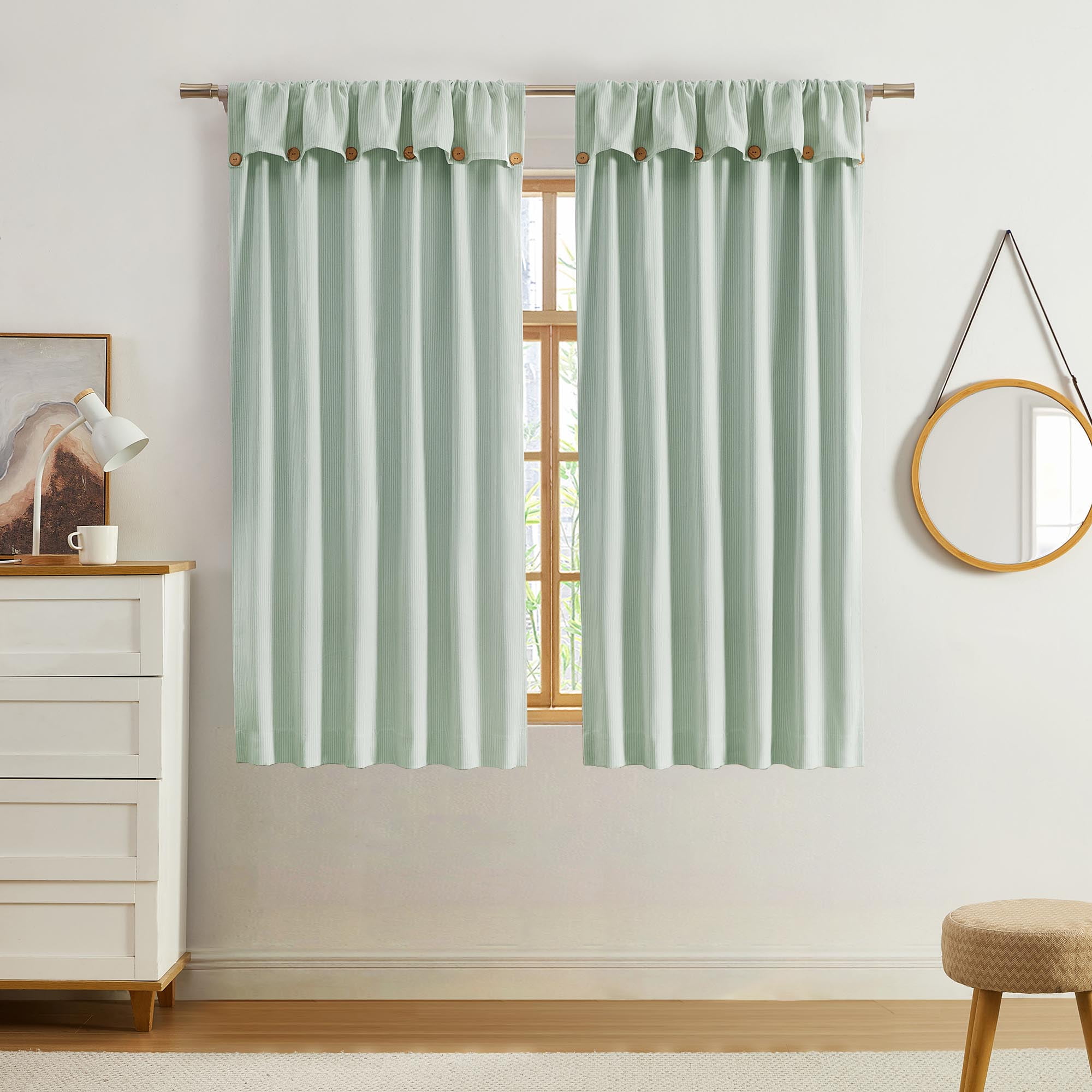 Ecologee Jack 100% Blackout Rod Pocket Back Tab Single Curtain Panel with attached Valance with Buttons, Sage, 38" W x 63" L
