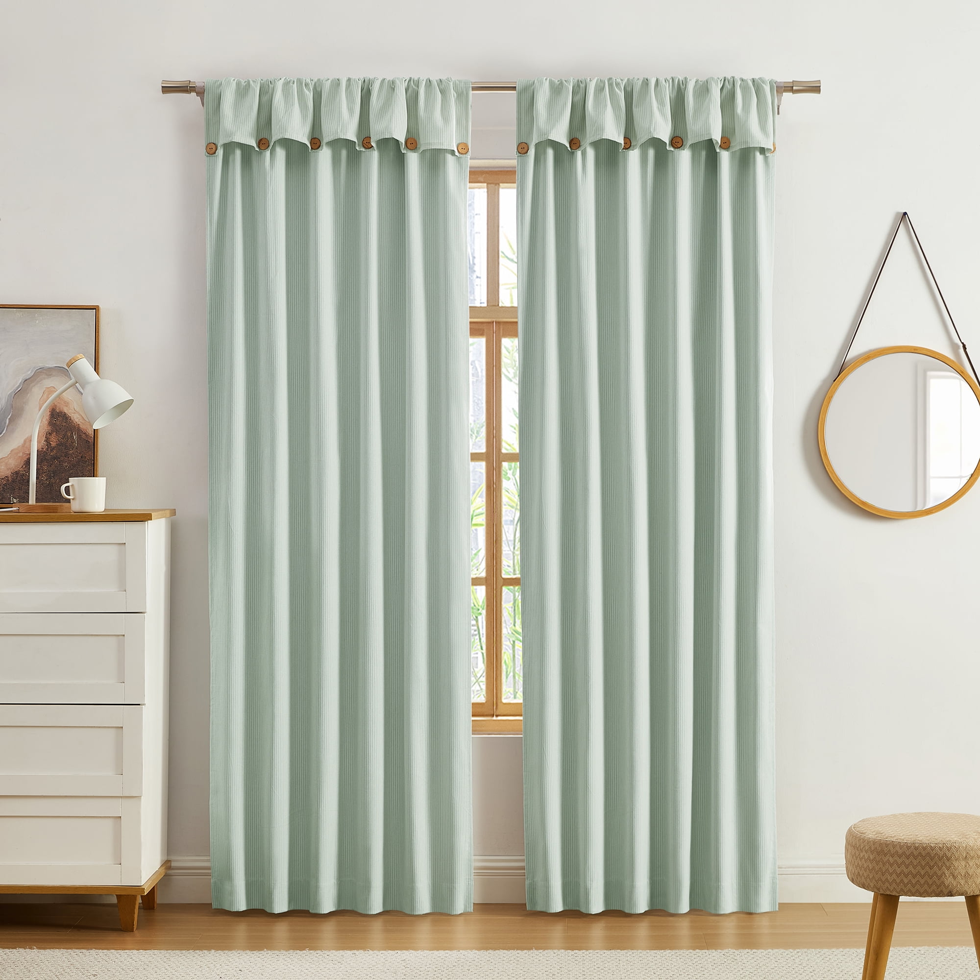 Ecologee Jack 100% Blackout Rod Pocket Back Tab Single Indoor Curtain Panel with attached Valance with Buttons, Sage, 38" W x 84" L