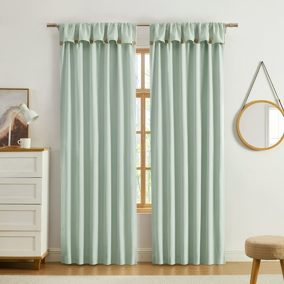 Ecologee Jack 100% Blackout Rod Pocket Back Tab Single Indoor Curtain Panel with attached Valance with Buttons, Sage, 38" W x 84" L