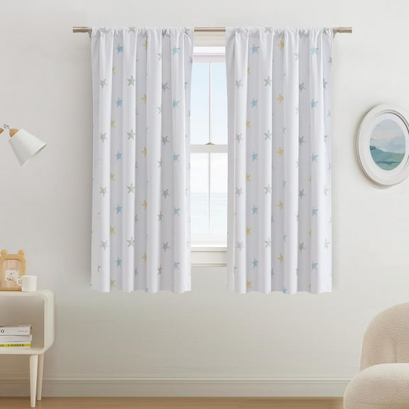 Ecologee Starfish 100% Blackout Rod Pocket Back Tab Single Curtain Panel, Cream, 40" W x 63" L