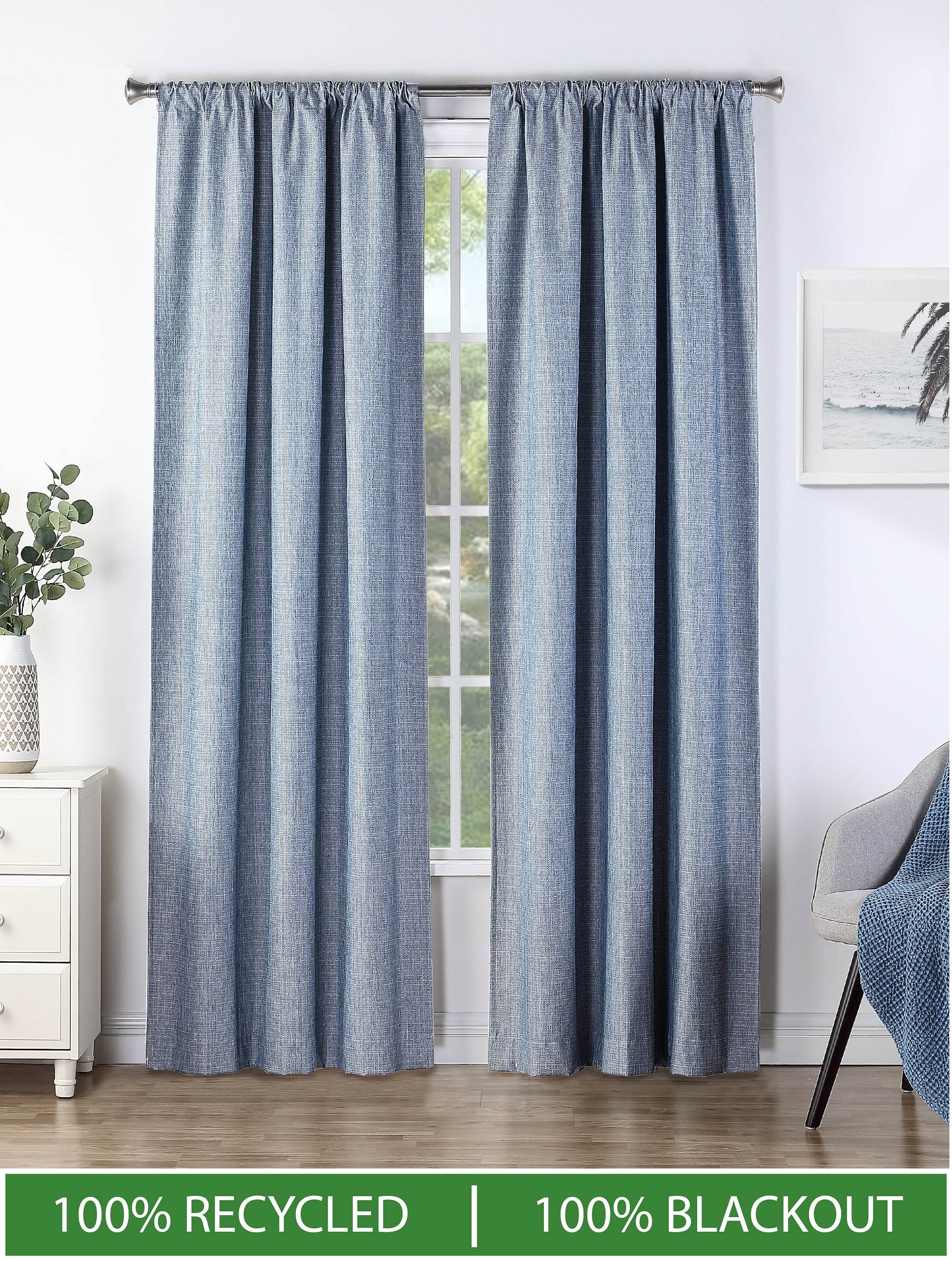 Ecologee Textured 100% Blackout Indoor Curtains 2 Pack Panel Set - 100% Recycled, Navy, 40" W x 63" L