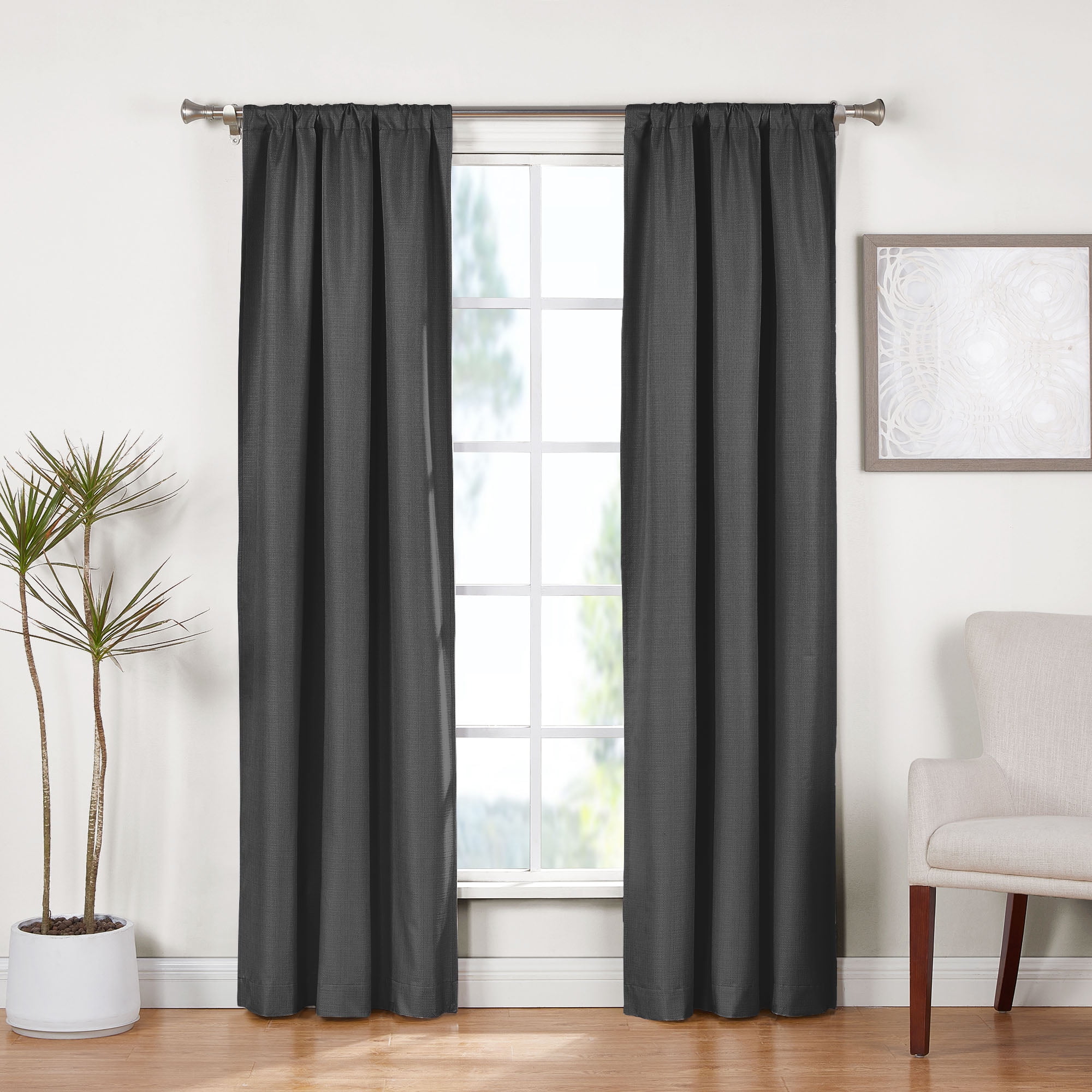 Ecologee Wakefield Textured 100% Blackout Rod Pocket Indoor Curtain Panel Pair, Charcoal, 37" W x 84" L