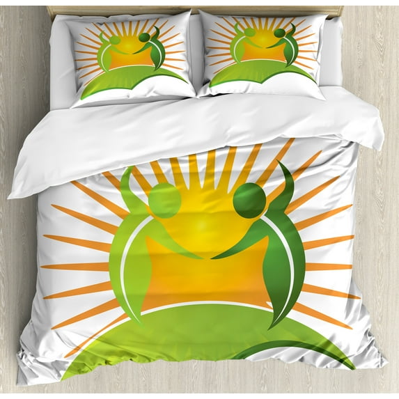 Ecology Duvet Cover Set, Graphic Illustrated 2 Abstract Men and Sun Motif on Plain Backdrop, Decorative 3 Piece Bedding Set with 2 Pillow Shams, King Size, White Lime Green and Orange, by Ambesonne