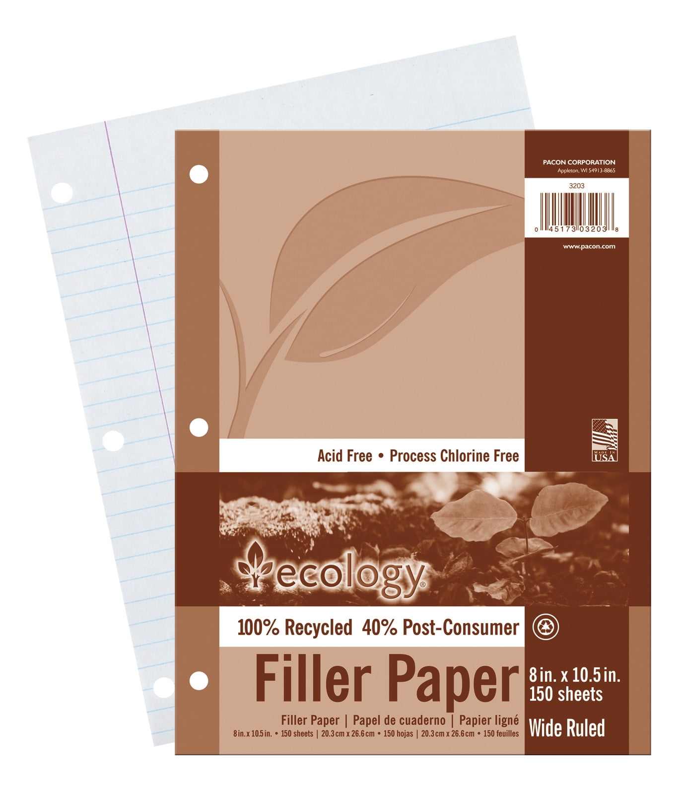 Ecology Filler Paper, 3-Hole, 8 x 10.5, Wide/Legal Rule, 150/Pack Ecology Filler Paper, 3-Hole, 8 x 10.5, Wide/Legal Rule, 150/Pack