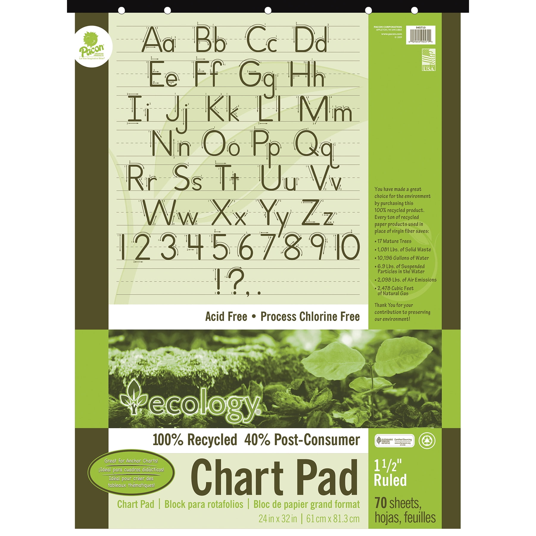 Ecology Recycled Chart Pad, Manuscript Cover, 1-1/2" Ruled 24" x 32", 70 Sheets
