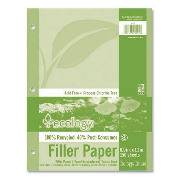 Ecology Recycled Filler Paper, 8-1/2 x 11 Inches, College Ruled, 150 Sheets