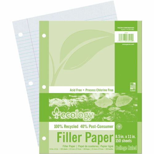 Ecology Recycled Filler Paper - Letter, College Ruled Front Ruling, 0.28" Ruled, Ruled Red Margin, 8 1/2" x 11" Sheet Size, White Paper (3202) | 10 Packs