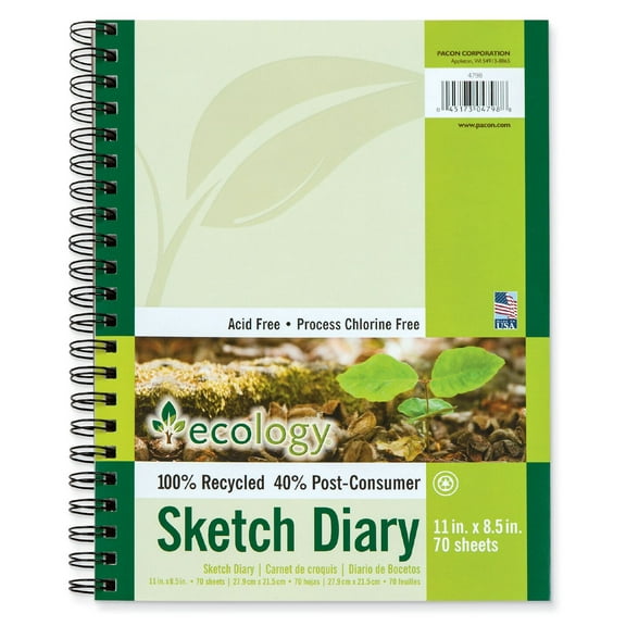 Ecology Sketch Diary, 60 Lb Stock, Green Cover, 11 X 8.5, 70 Sheets | Bundle of 5