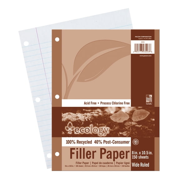 Ecology White Filler Paper, 3-Hole Punched, 3/8" Ruled, 8" x 10.5", 150 Sheets