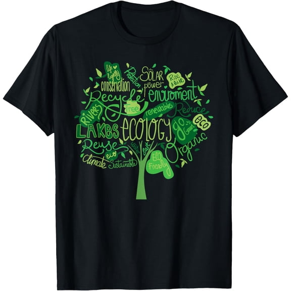 Ecology and Environmental T-Shirt with Green Tree Word Cloud T-ShirtMen's and women's gift, black and white T-shirt, size: Extra large S-4XL