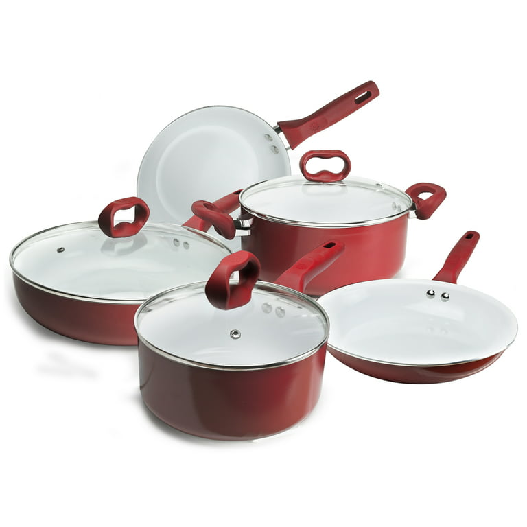 8 Piece Petite Aluminum Non-Stick Cookware Set, Red and White, 8 PIECE SET  - Fry's Food Stores