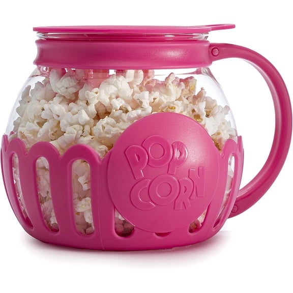Ecolution Patented Micro-Pop Microwave Popcorn Popper with Temperature Safe Glass, 3-in-1 Lid Measures Kernels and Melts Butter, Made Without BPA, Dishwasher Safe, 1.5-Quart, Pink