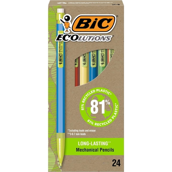 Ecolutions Mechanical Pencils with Erasers, With Colorful Barrel, Medium Point (0.7mm), 24-Count Pack, Made from 81% Recycled Plastic Excluding Leads and Erasers