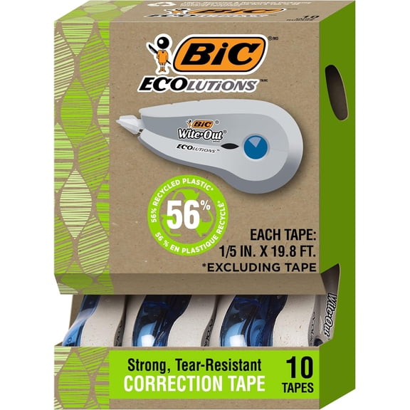 Ecolutions Wite-Out Brand Correction Tape, 19.8 Feet, 10-Count Pack, Tape Made from 56% Recycled Plastic Excluding
