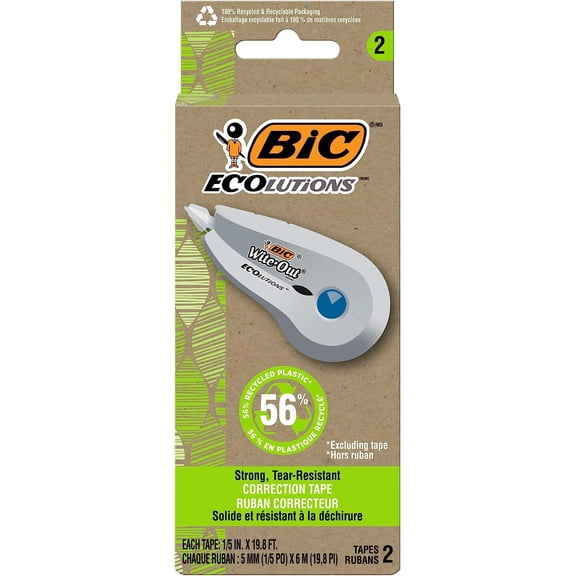 Ecolutions Wite-Out Brand Correction Tape, 19.8 Feet, 2-Count Pack, Tape Made from 56% Recycled Plastic