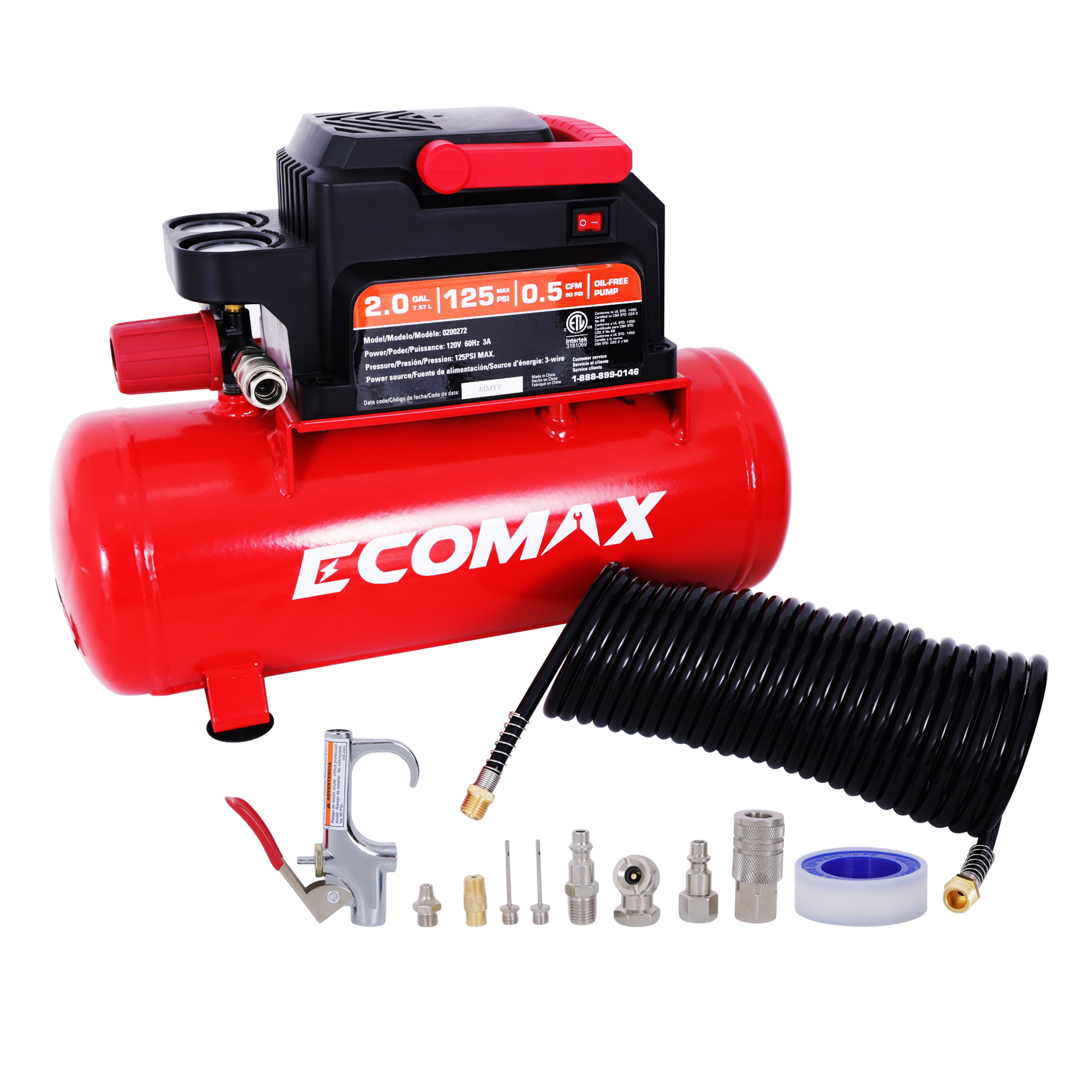 Ecomax 2 Gallon Portable Air Compressor, with Air Hose and Nozzles, 125 PSI 1/3 HP Oil-Free Electric for Home Garage & Shop