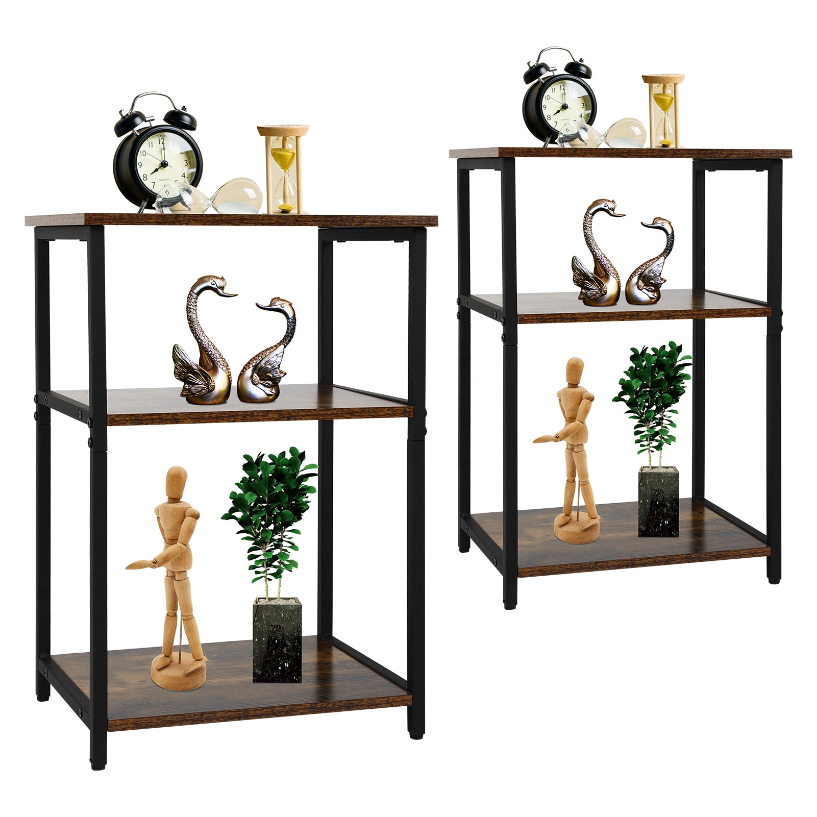3 Tier Industrial Shelf Set of 2, Wood Bookcase Organizer with Metal Frame，Black