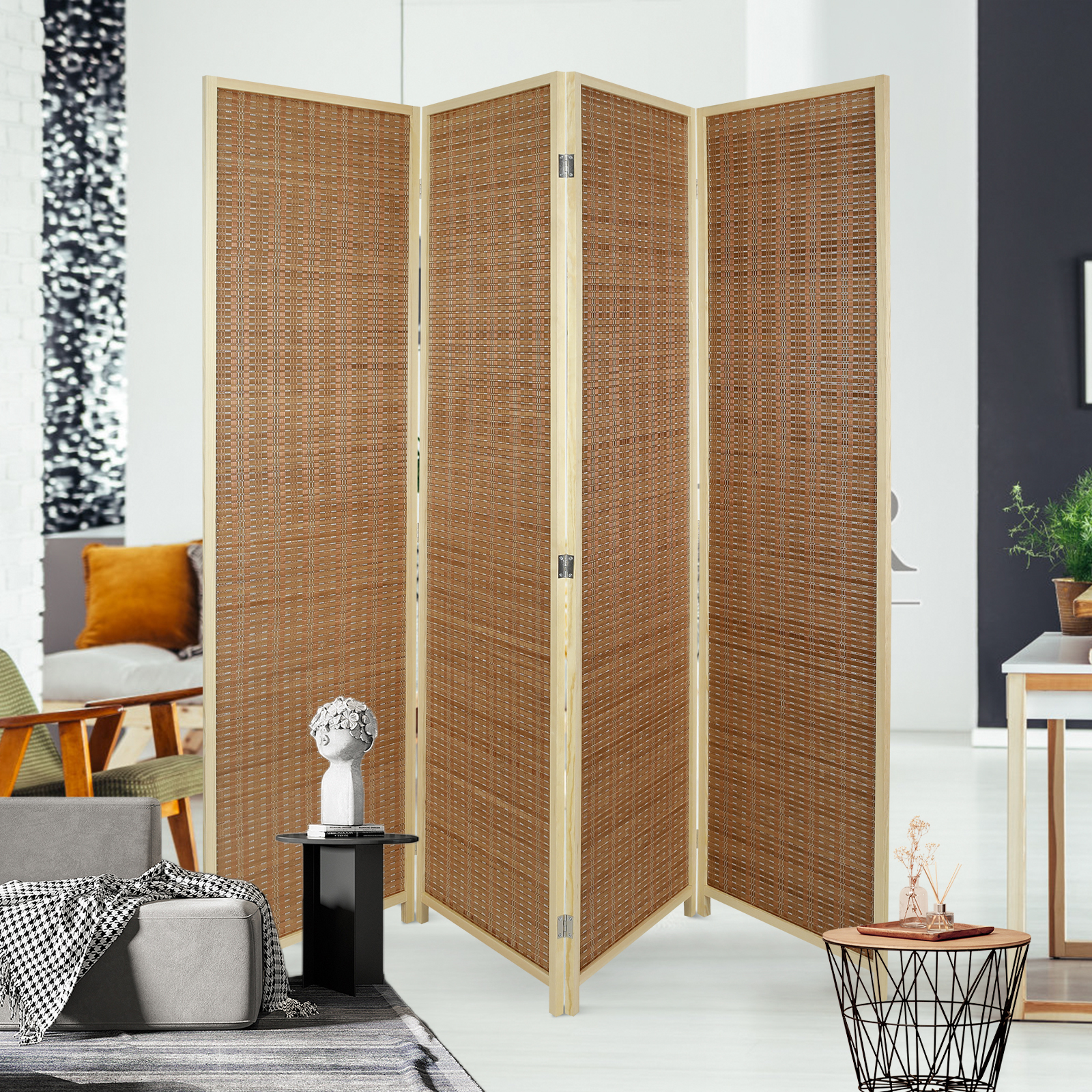 Ecomex 4 Panel Room Divider Pinus Sylvestris Folding bamboo weaving ...