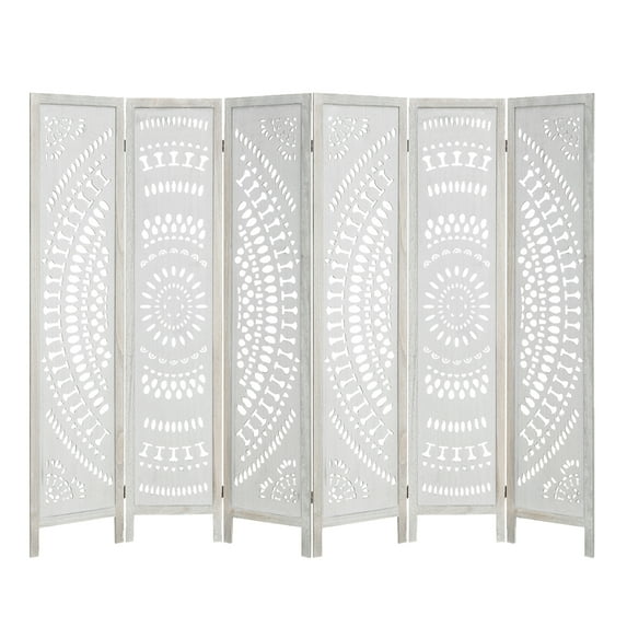 Ecomex 6 Panel Room Divider, Wood Carved Folding Privacy Screen, 96"W x 67"H,White