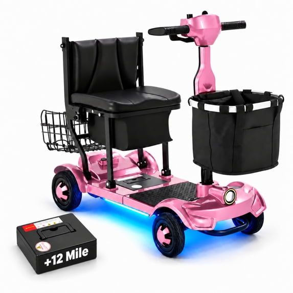 Ecomobi 4 Wheel Foldable Mobility Scooter for Senior with Removable Dual Lithium Battery, 41 lbs Lightweight Powered Wheelchair for Adult,300 lb Capacity,Travel Scooter for Elderly,Pink