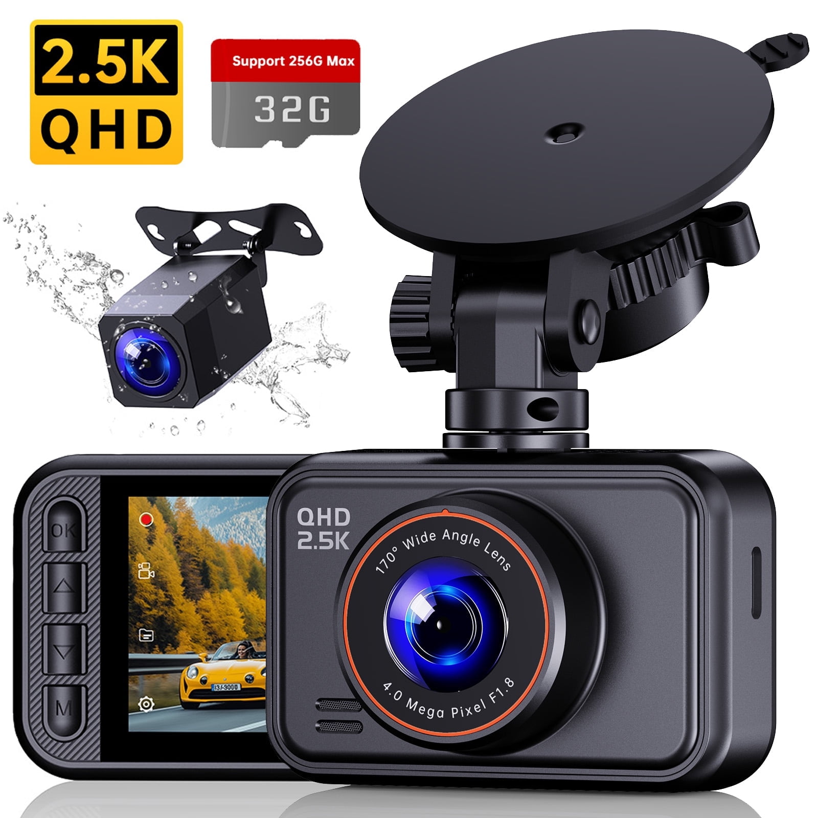Dash Cam, Dash Cam Front and Rear, Ecomoment 2560P Mini Car Camera, 2 inch IPS Screen, WDR Night Vision, G-Sensor, 32GB Card, Support 256GB Max, Black