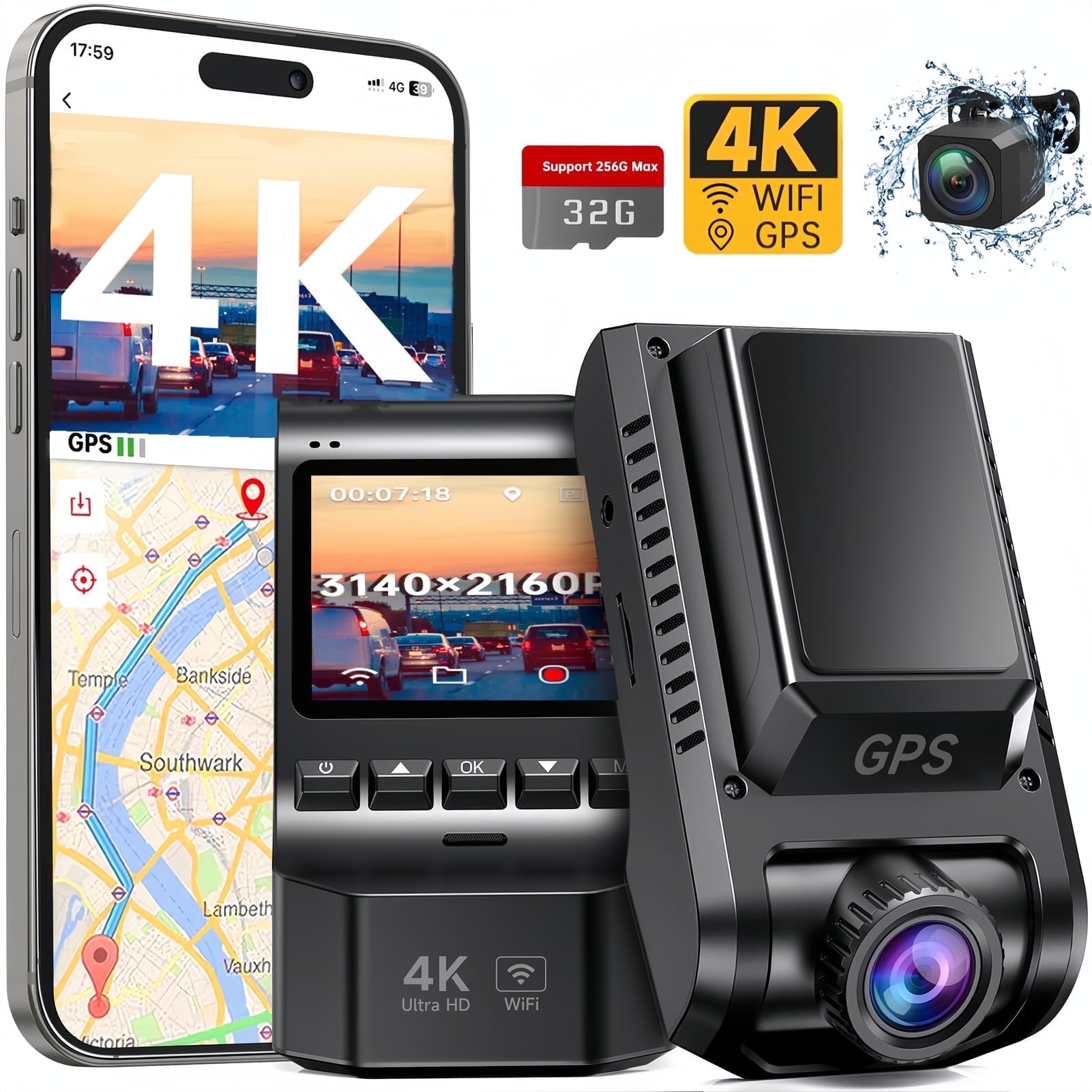 Dash Cam, Artsic 4K Dash Cam Front and Rear with Wi-Fi & GPS, APP Control, Dual Dash Camera for Cars with WDR, 32GB Card, Support 256GB Max, Black