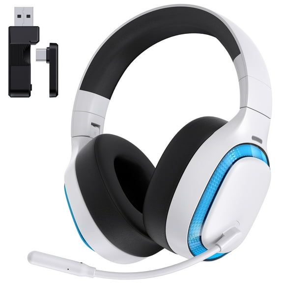 Ecomoment Wireless Gaming Headset for PS5, PC,Switch,Mac with Bluetooth 5.4, 2.4GHz USB PS5 Headset with Mic,Gaming Headphones with RGB Light, 70H Battery Life,White&blue