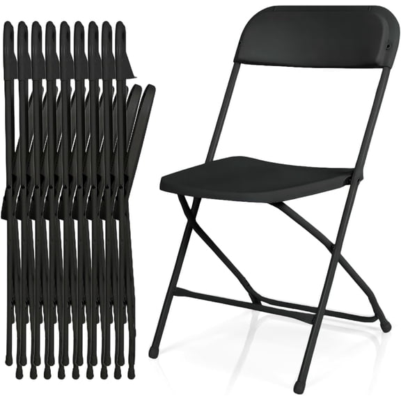 EconoHome 10 Pack Black Plastic Folding Chairs, Heavy-Duty Steel Frame, Portable Stackable Foldable Chairs with Non-Slip Feet – Commercial Indoor/Outdoor Seating for Events, Weddings, Office, Parties
