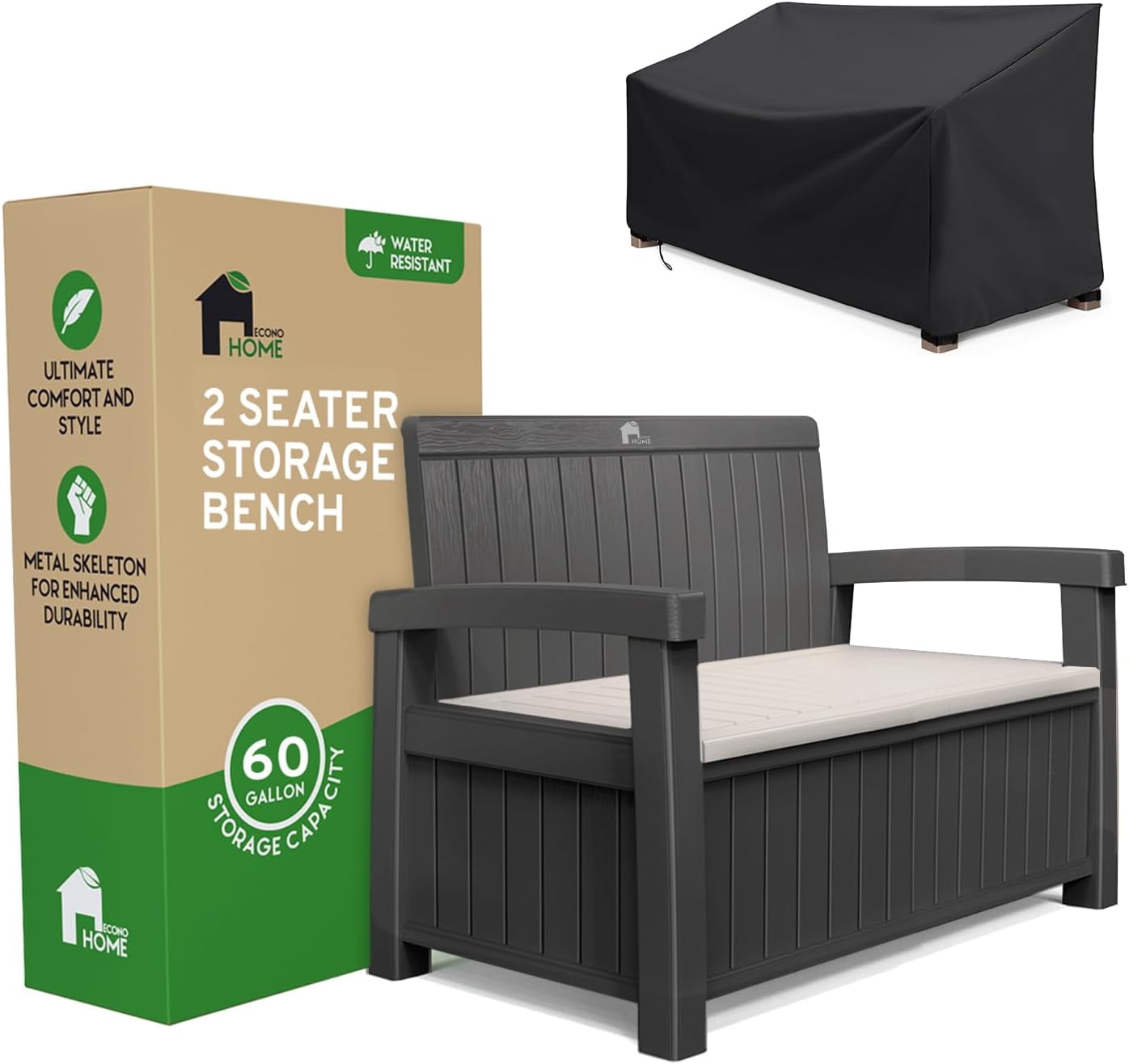 Weatherproof Storage Bench EconoHome 2 Seat Outdoor Storage Bench with Rain Cover - 60 Gallon ...