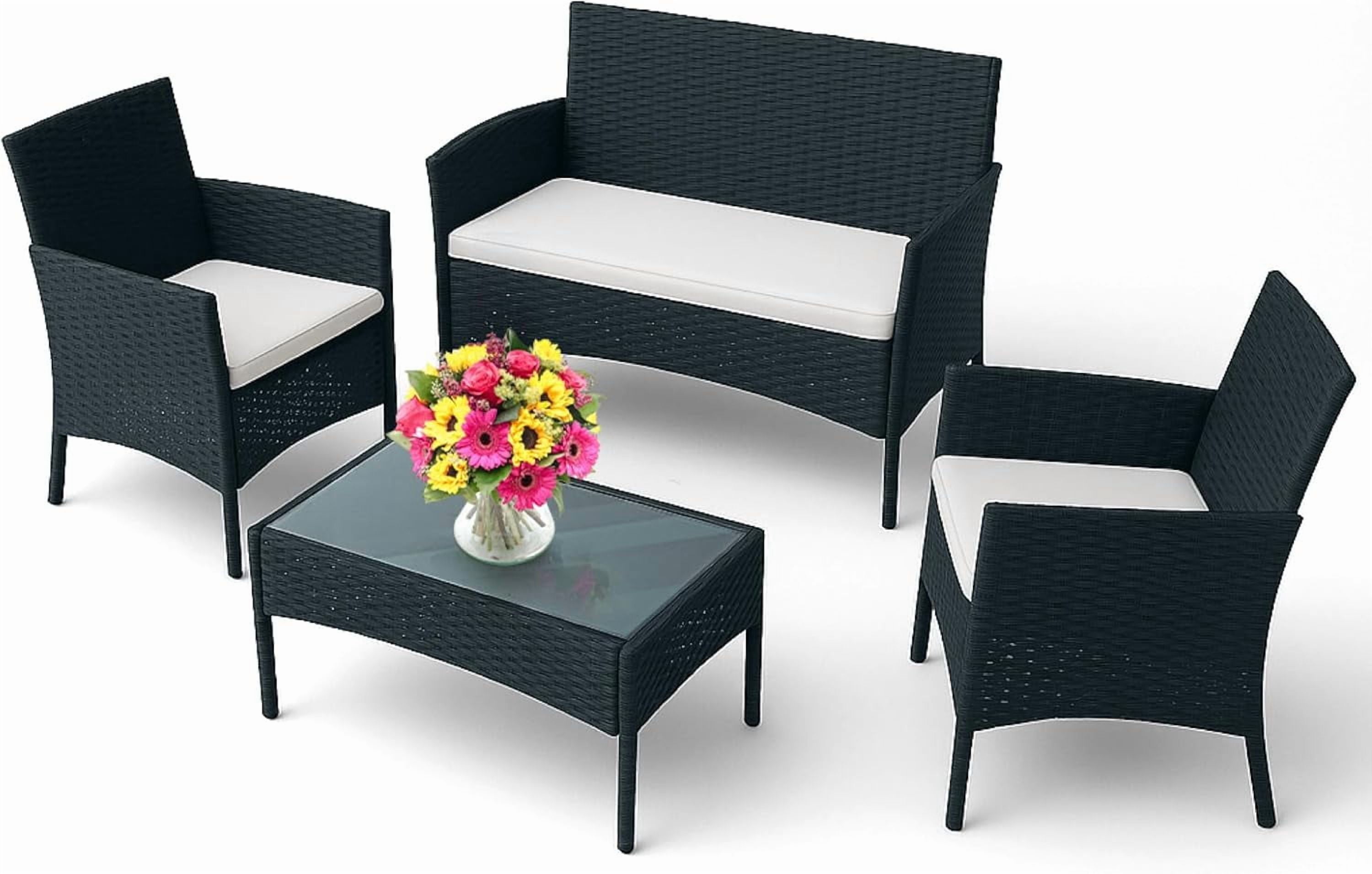 EconoHome 4-Piece Outdoor Patio Furniture Set - Patio Set with 2 Rattan Chairs, 1 Loveseat & 1 Glass -Top Coffee Table - Weather-Proof Wicker with Cushions - Conversation Set for Porch, Balcony, Lawn