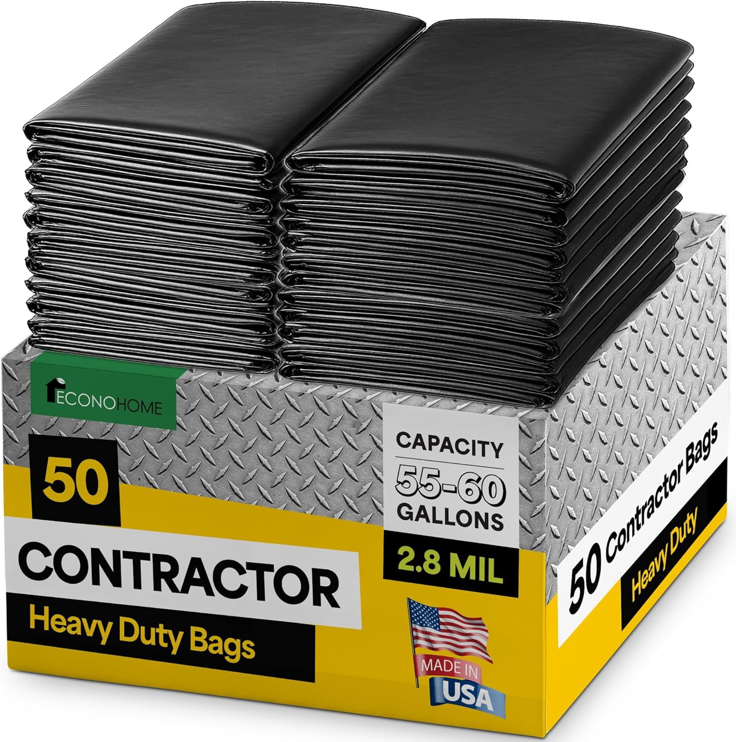 EconoHome 55-60 Gallon Contractor Garbage Bags - 3 Mil Extra Thick Heavy Duty Trash Bags for Construction, Lawn & Yard Cleanup, Demo & Commercial Use - Made in USA - Extra Large, 38x53" - 50-Count
