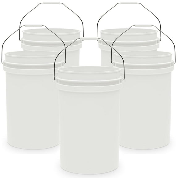 EconoHome 6.5Gallon White Bucket Pail Container without Lid | Metal Handles with Plastic Grip for Easy Carrying | Easy Stack and Store | Heavy-Duty 90MIL EXTRA DURABLE | Food Grade | BPA Free -5 Pack