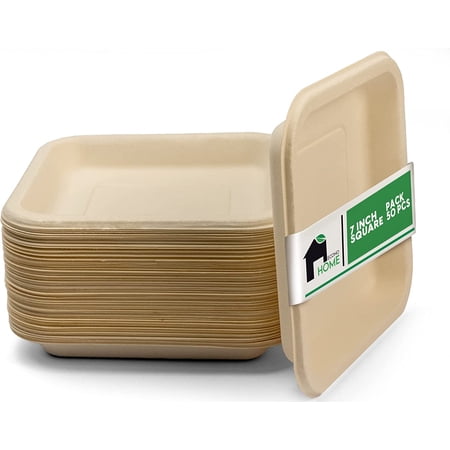 EconoHome 7 Inch Square Compostable Plates [50-Pack] - Eco-Conscious Disposable Plates Made of Bagasse or Sugarcane Fiber - Microwave, Refrigerator-Safe - Heavy Duty Paper Plates for Dinner