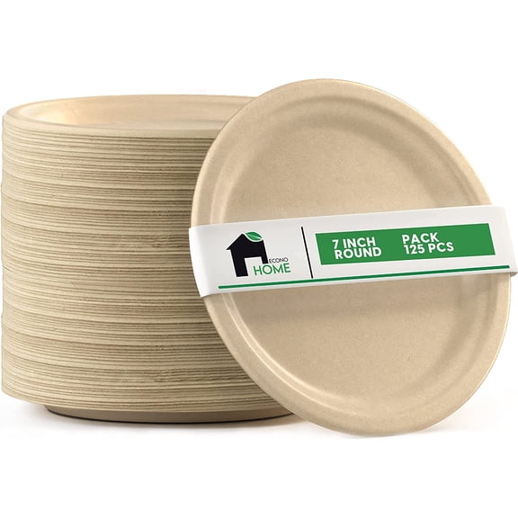 EconoHome 7 inch Compostable Party Plates, Eco-Conscious, Bagasse, 125-Pack