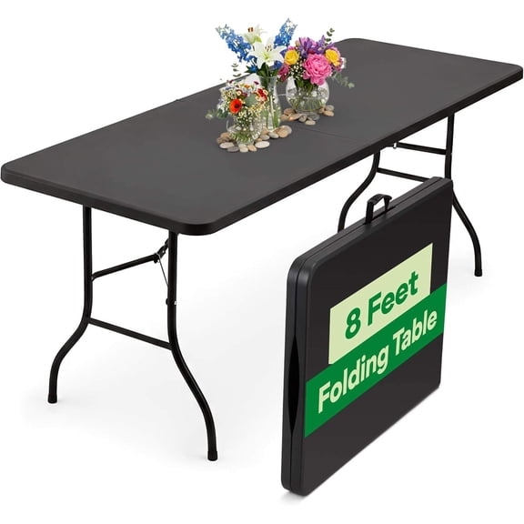 EconoHome Black 8 ft Folding Table with Handle Heavy-Duty Portable Table for Indoor & Outdoor Use