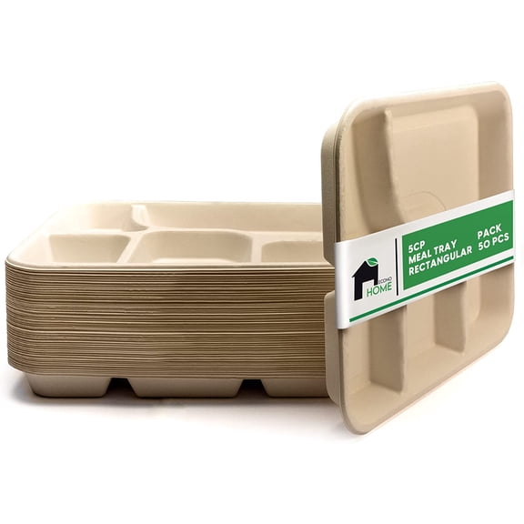 EconoHome Compostable Meal Tray Party Plates, Bagasse Fiber White, 50 Pack