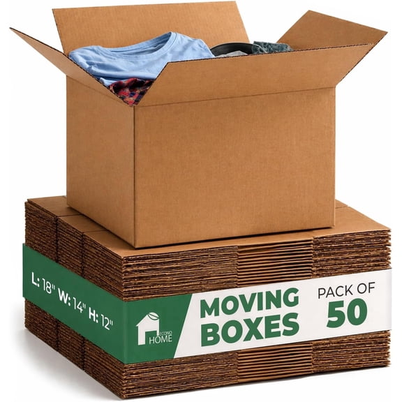 EconoHome Corrugated Moving Boxes, 18" x 14" x 12", 50 Count
