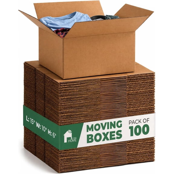 EconoHome Corrugated Shipping Boxes - 15x10x6" Small Moving Boxes - Durable Cardboard - For Packing, Storage & Small Business Packaging - Stackable Kraft Cartons for Secure Transport - 100-Pack