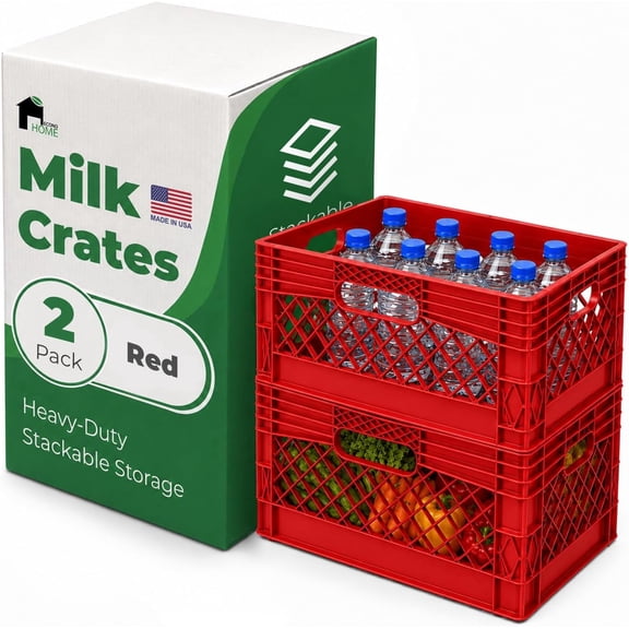 EconoHome Milk Crate - Stackable Storage Crate with Built-In Handles - Heavy Duty Plastic Material - Ventilated Organizer Bin for Garage, Pantry, Classroom, Office & Moving - Red, 19x13x11, 2-Pack