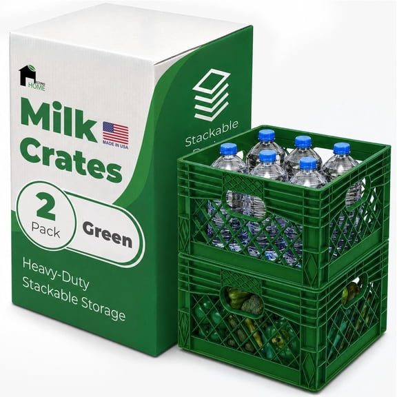 EconoHome Milk Crate - Stackable Storage Crate with Built-In Handles - Heavy Duty Plastic Material - Ventilated Organizer Bin for Garage, Pantry, Classroom, Office & Moving - Green, 19x13x11, 3-Pack