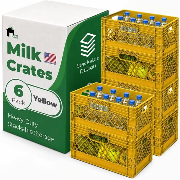 EconoHome Milk Crate - Stackable Storage Crate with Built-In Handles - Heavy Duty Plastic Material - Ventilated Organizer Bin for Garage, Pantry, Classroom, Office & Moving - Yellow, 19x13x11, 7-Pack