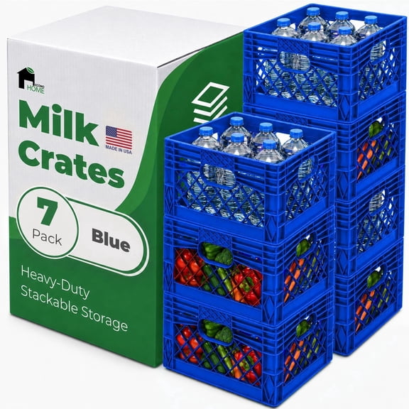EconoHome Milk Crate - Stackable Storage Crate with Built-In Handles - Heavy Duty Plastic Material - Ventilated Organizer Bin for Garage, Pantry, Classroom, Office & Moving - Blue, 13x13x11, 7-Pack
