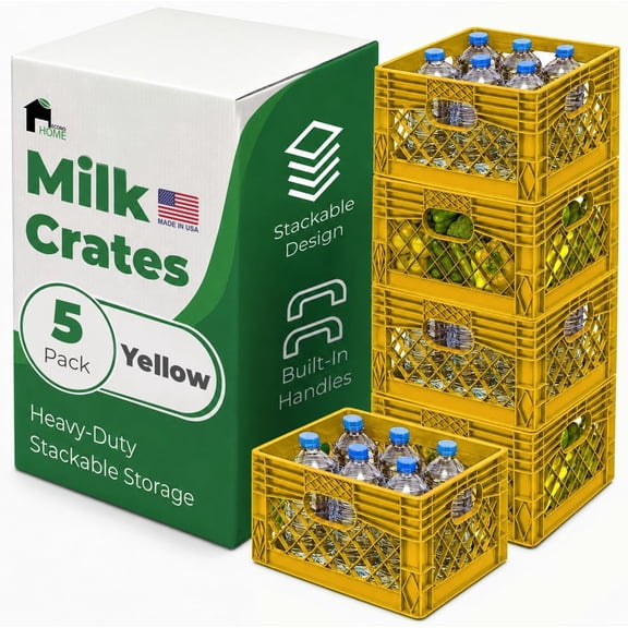 EconoHome Milk Crate - Stackable Storage Crate with Built-In Handles - Heavy Duty Plastic Material - Ventilated Organizer Bin for Garage, Pantry, Classroom, Office & Moving - Yellow, 13x13x11, 5-Pack