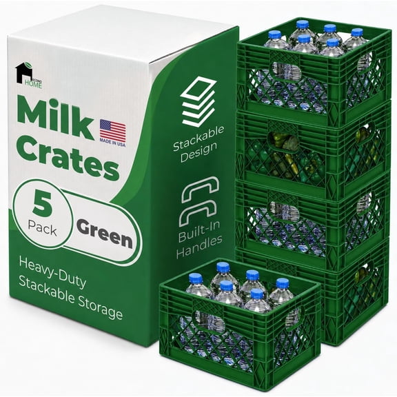 EconoHome Milk Crate - Stackable Storage Crate with Built-In Handles - Heavy Duty Plastic Material - Ventilated Organizer Bin for Garage, Pantry, Classroom, Office & Moving - Green, 13x13x11, 5-Pack