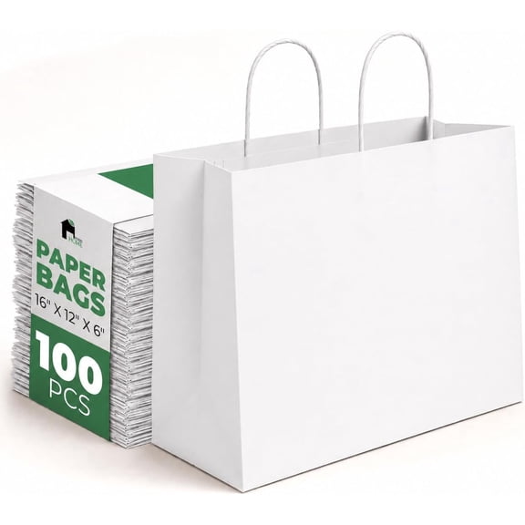 EconoHome Premium Eco-Friendly 16 x 6 x 12 Inch Paper Bags - Recyclable Gift Bags with Handles for Shopping, Parties, and Everyday Use - 100 Pack