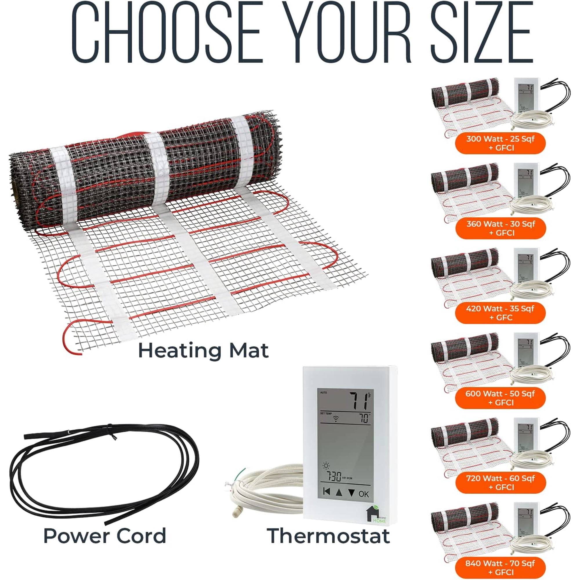 EconoHome Underfloor Heating Mat - Fluoropolymer Insulated Floor Electric  Heat Mats for Tile, Wood, Laminate - Indoor Home Warming Systems - Optional  GFCI Thermostat, WiFi Compatibility (Included) - Walmart.com